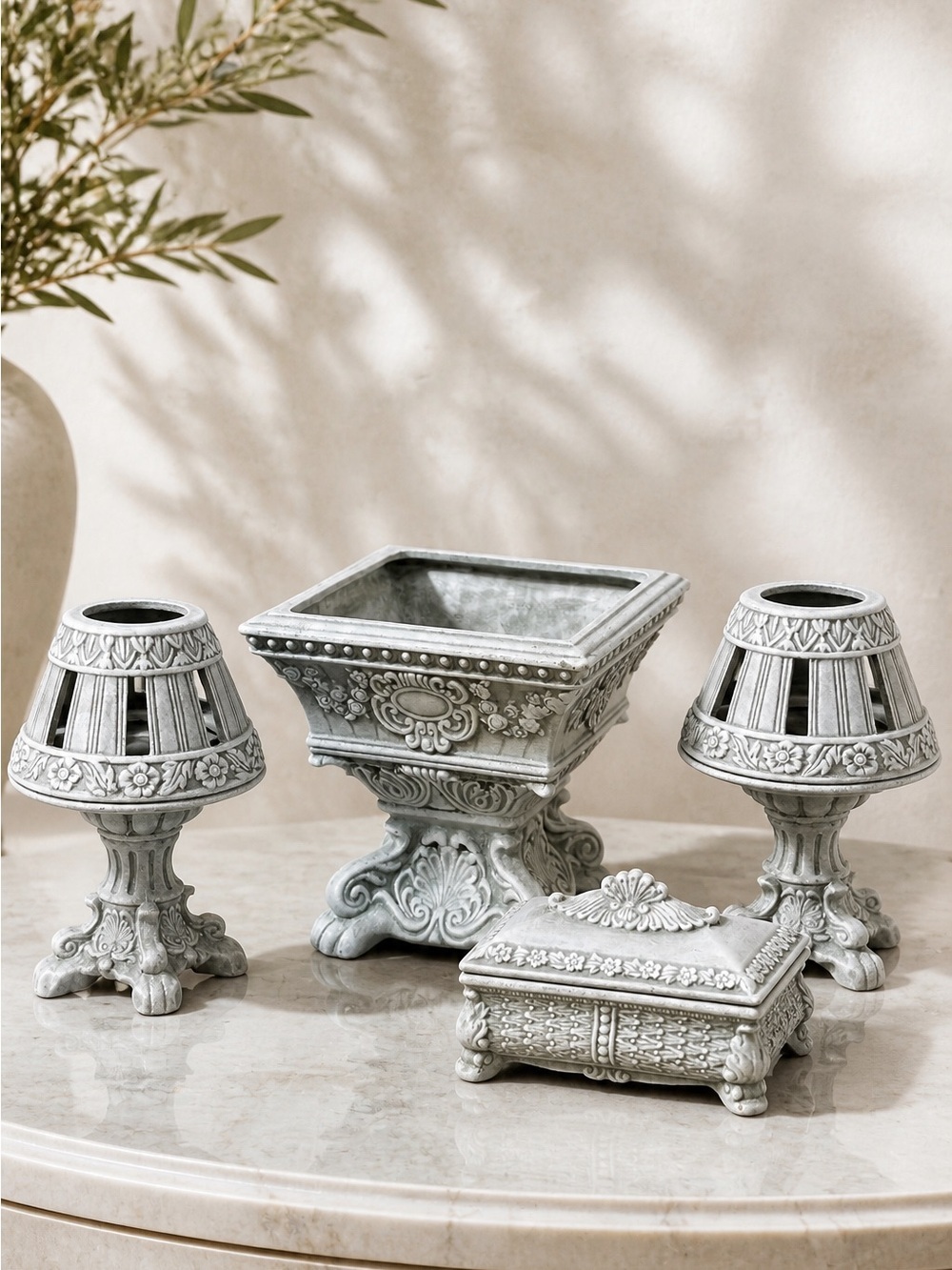 Decorative Gray Planter Set with Floral Carvings – Classic 7 pieces Vintage